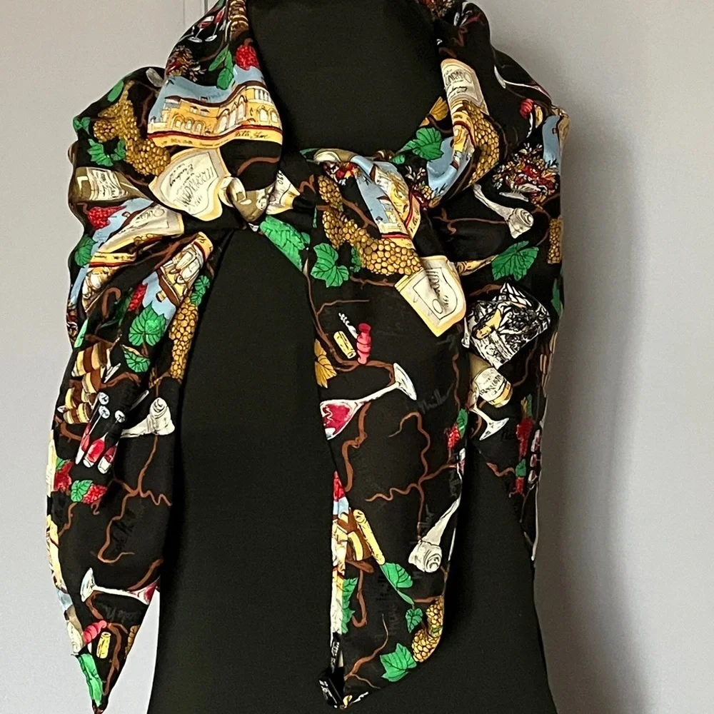 Vintage Nicole Miller Silk Scarf Wine Grape Vineyard Print Large 43x42